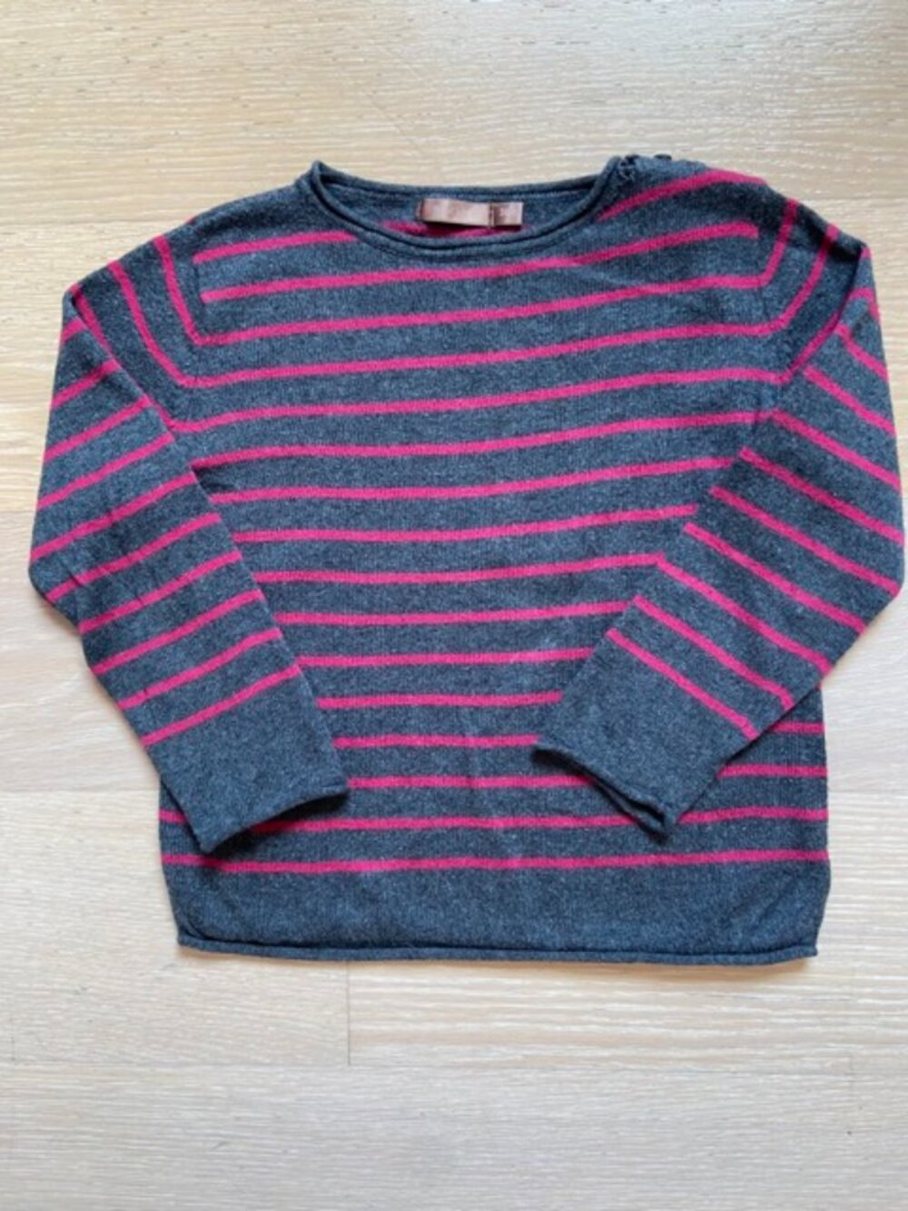 Monoprix grey and pink striped light wool sweater 3T, rolled hems
